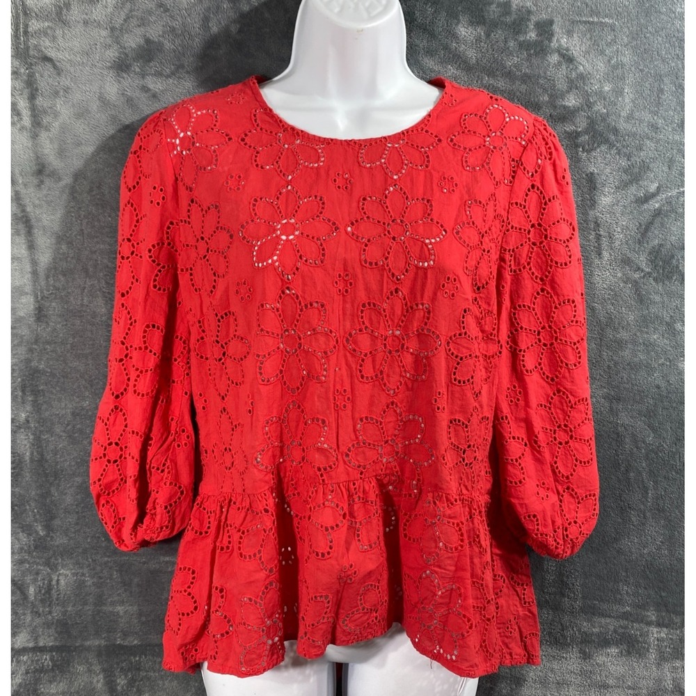 Halogen Top Womens Small Red Coral Eyelet Lace Peplum Blouse Cotton Boho Prairie